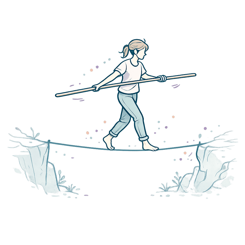 A tightrope walker balancing carefully across a high wire