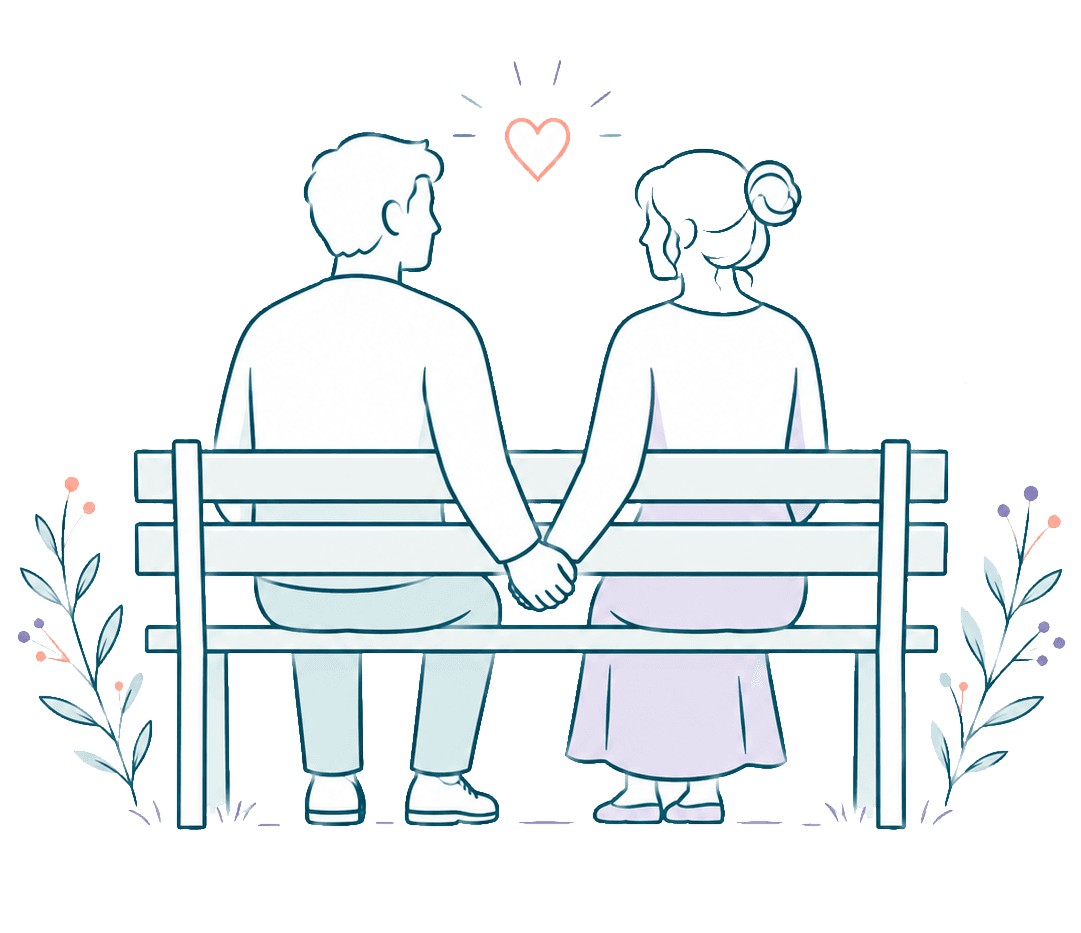 Two friends sitting together on a bench, holding hands