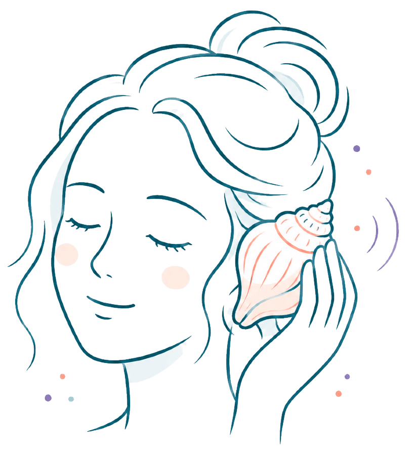 A woman holding a seashell to her ear, listening closely