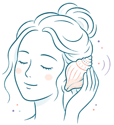 A woman holding a seashell to her ear, listening