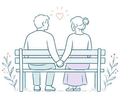Two people sitting together on a bench, holding hands